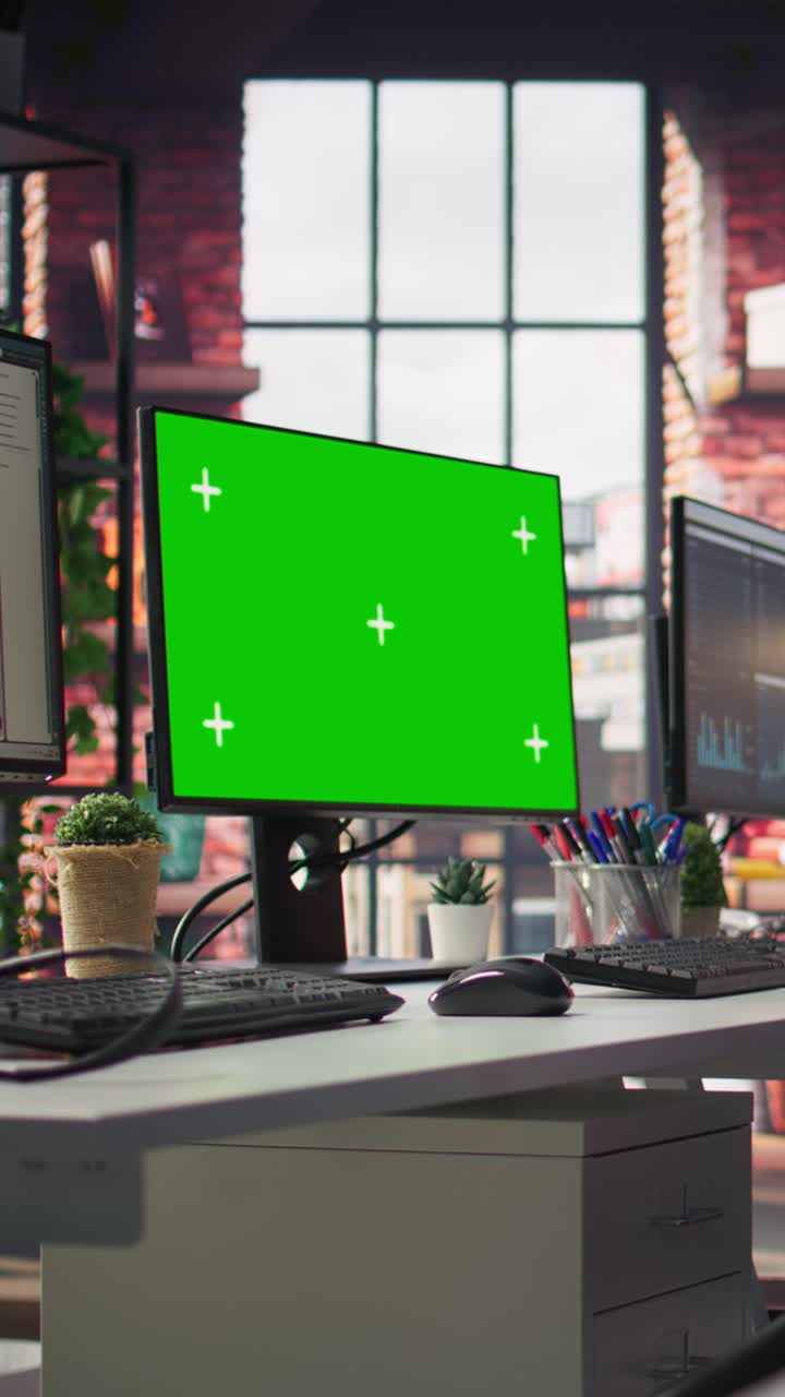 Vertical video Chroma key computer displays in empty office
