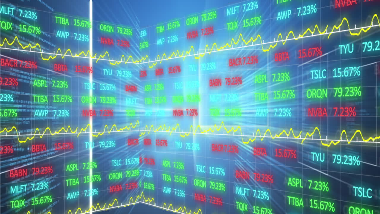 파란색 배경의 데이터 처리에 대한 주식 시장 데이터 처리의 디지털 애니메이션