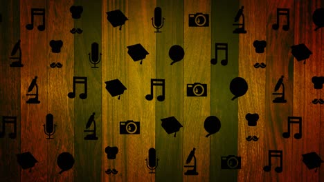 animation of black hobby icons moving over striped background