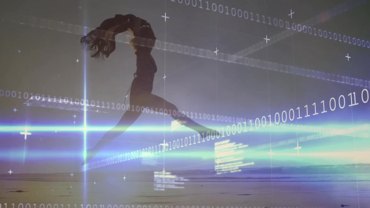 Binary code grid launching dancer into water, scarf unfurling against sunset syncing art tech