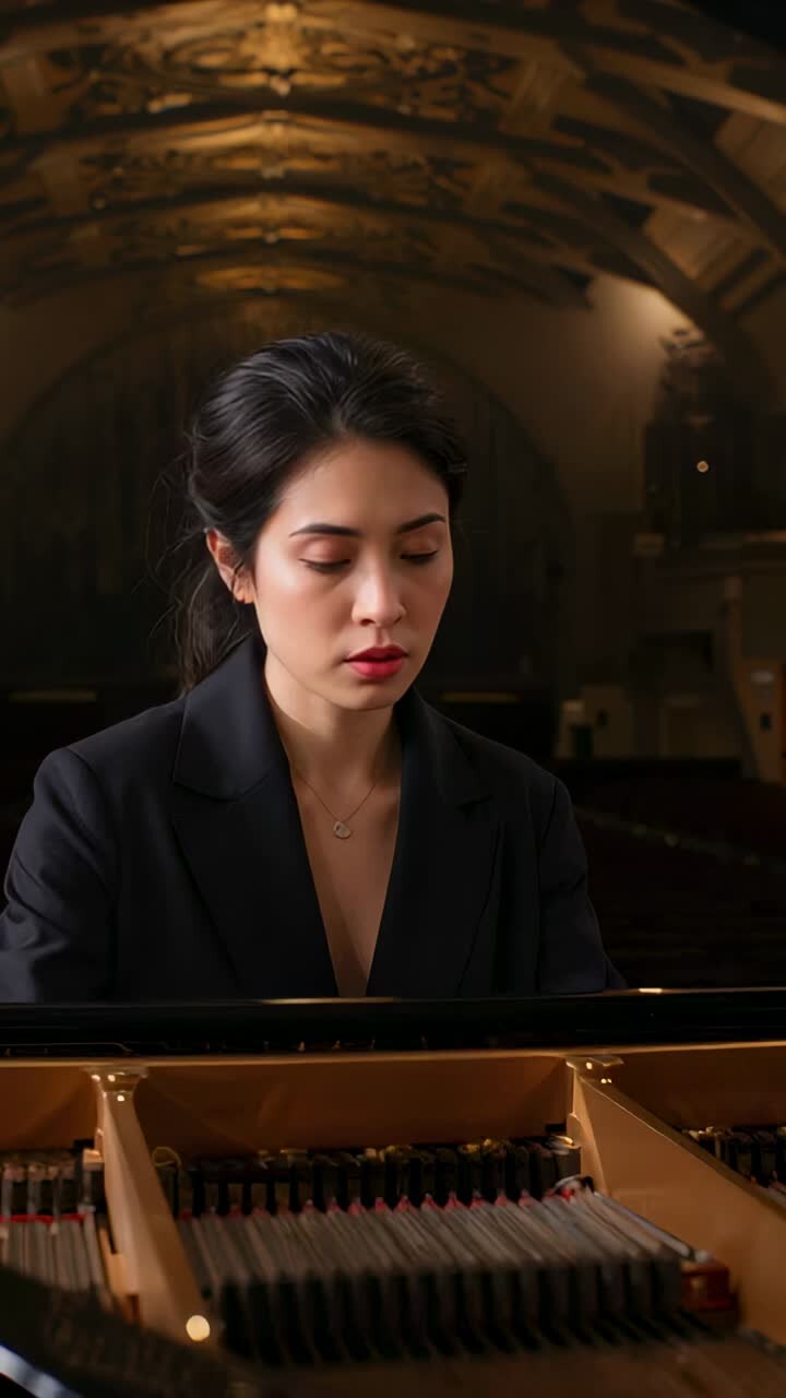 Video verticale: pianista in blazer nero che appoggia le mani su un pianoforte aperto, mentre prova sul palco
