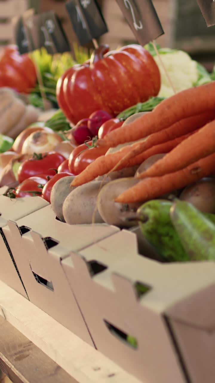Video verticale: stand di un mercato di alimenti biologici con prodotti bio colorati