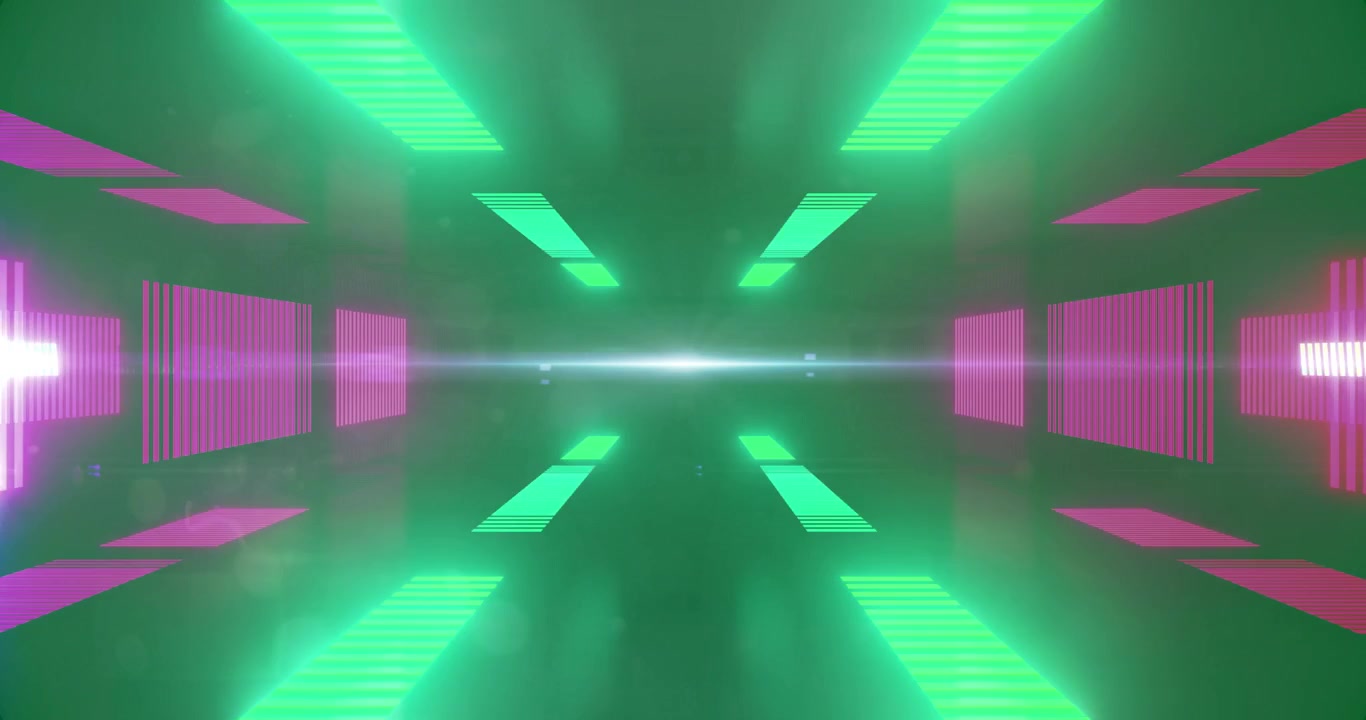 Abstract Digital Tunnel with Glowing Green and Pink Neon Lights