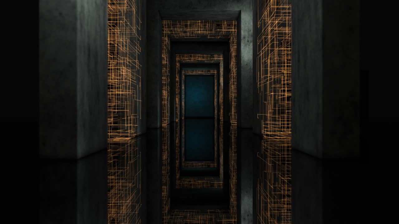 황금 회로 라인을 가진 어두운 터널을 통해 3d 렌더링.