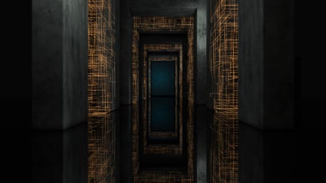 ir a través del túnel oscuro con líneas de circuitos dorados, renderización 3d.