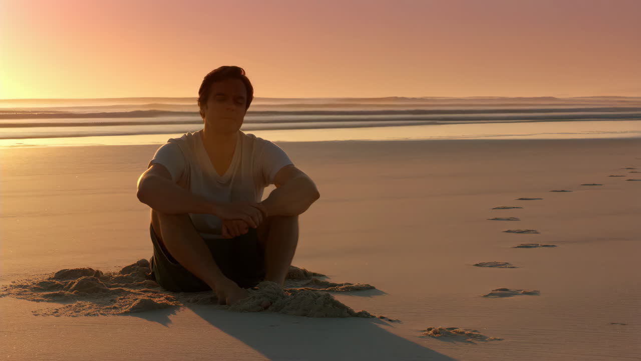 hombre sentado en la playa al atardecer