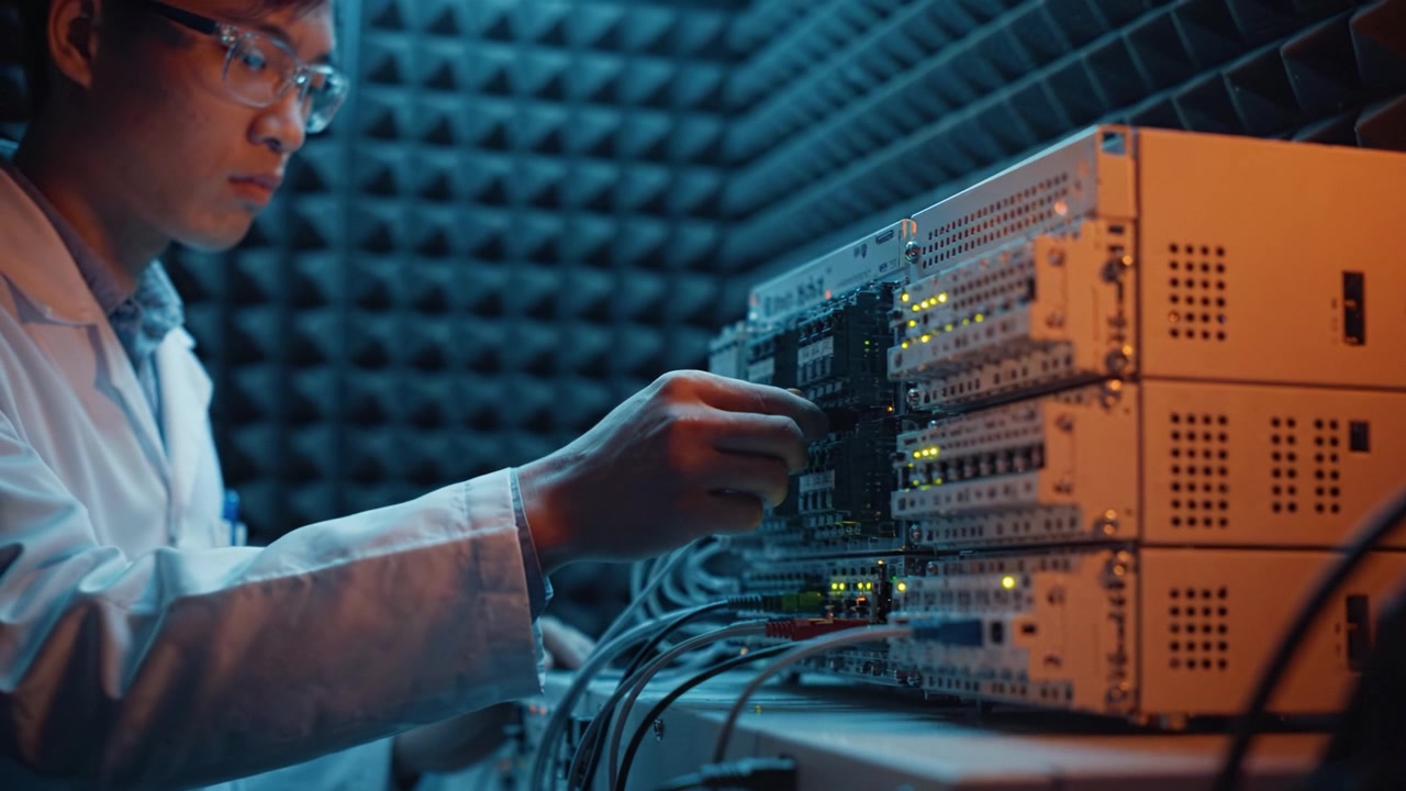 A scientist analyzes electronic components in an acoustically treated lab, surrounded by advanced equipment, highlighting precision, innovation, and technological research.