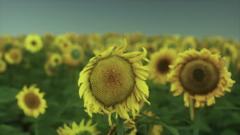 Field-with-yellow-sunflowers-at-sunset-in-summer.