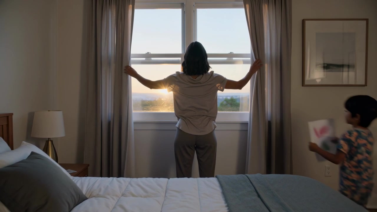 Pulling curtains, sunrise appearing, woman in casual wear at bedroom window taking child's art