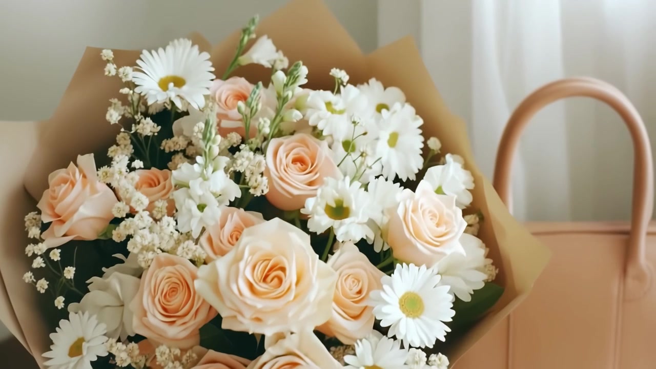 Buket Elegan Mawar Persik dan Bunga Aster Putih dalam Balutan Kertas