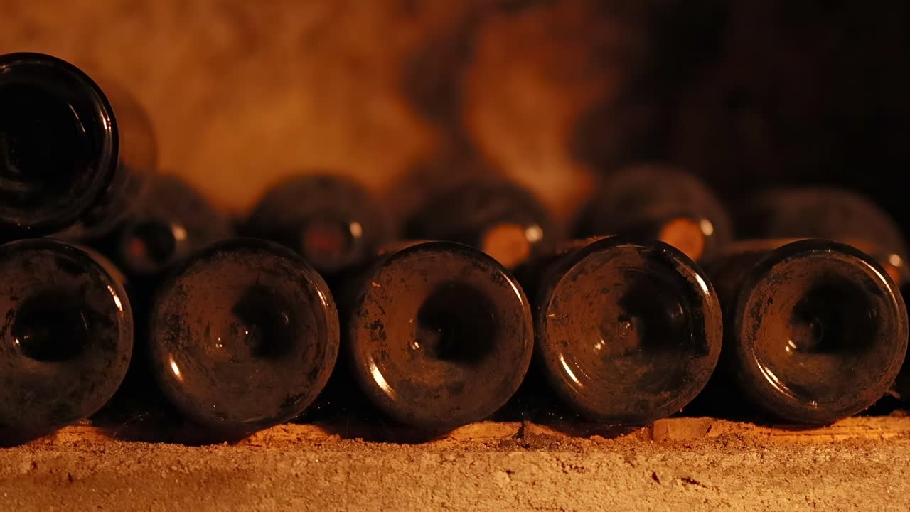 Close-up view of dusty wine bottles arranged horizontally on a stone shelf in a dimly lit cellar.