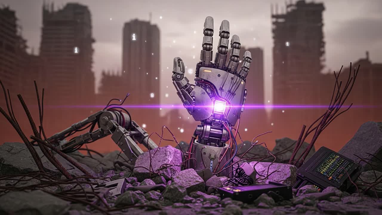 A futuristic robotic hand emerges from the rubble of a dystopian landscape, symbolizing resilience and adaptation in a world of abandoned technology and urban decay