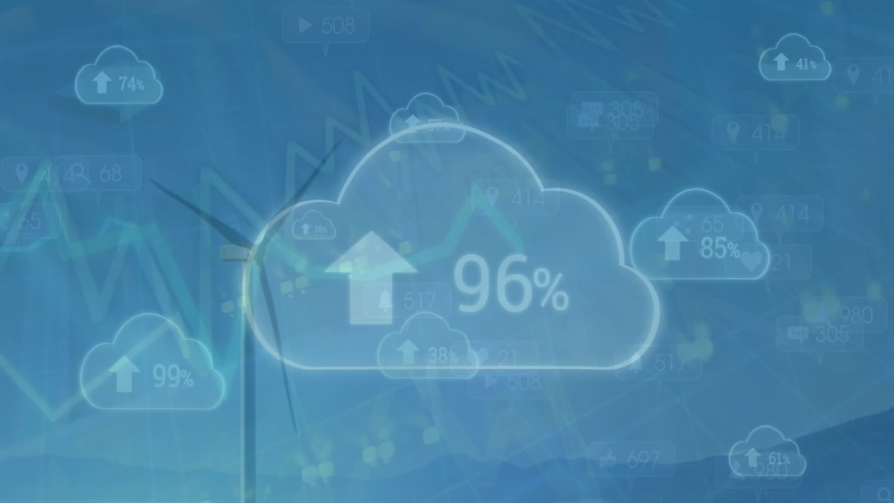 데이터 처리 및 풍력 터빈에 대한 퍼센트와 함께 구름 아이콘의 애니메이션
