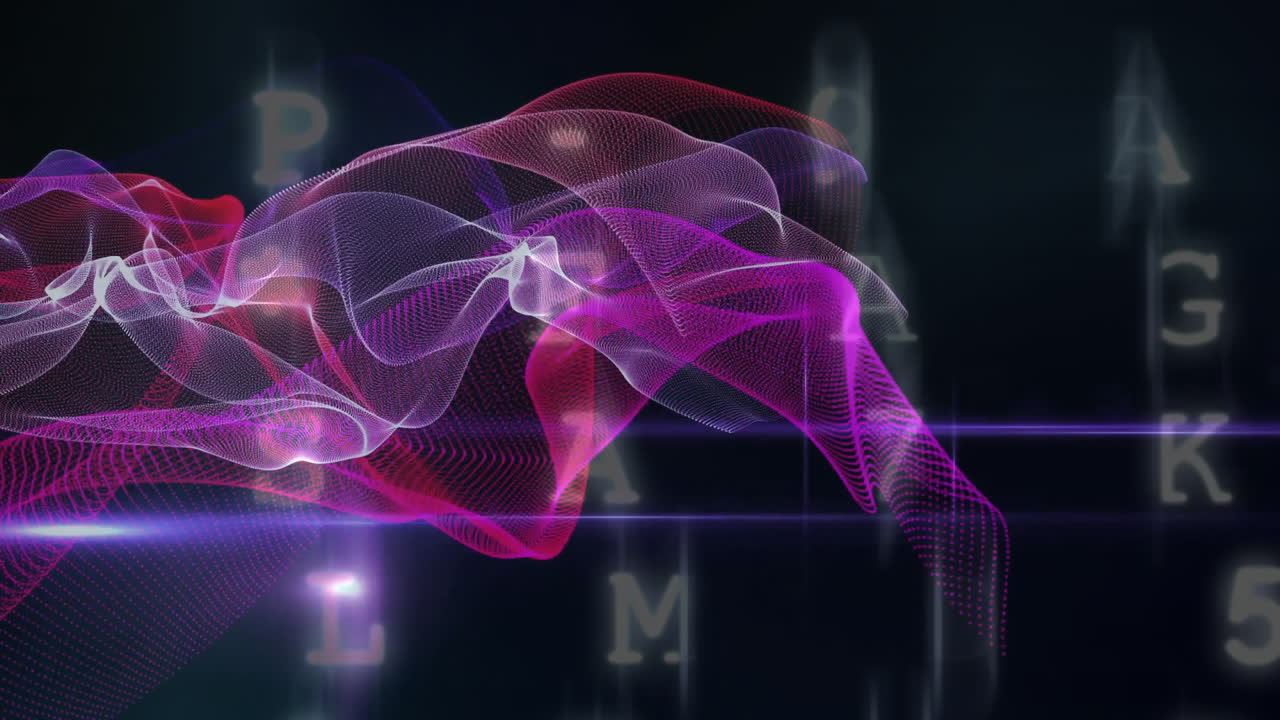 Flowing abstract waves and letters animation on dark background