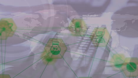animación de la red de conexiones con iconos y procesamiento de datos sobre las manos escribiendo en el teclado