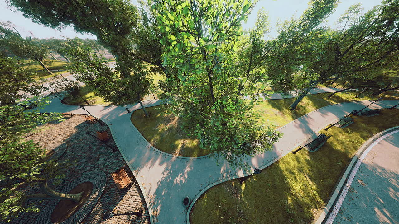 Serene park pathway illuminated by sunlight in vibrant green surroundings