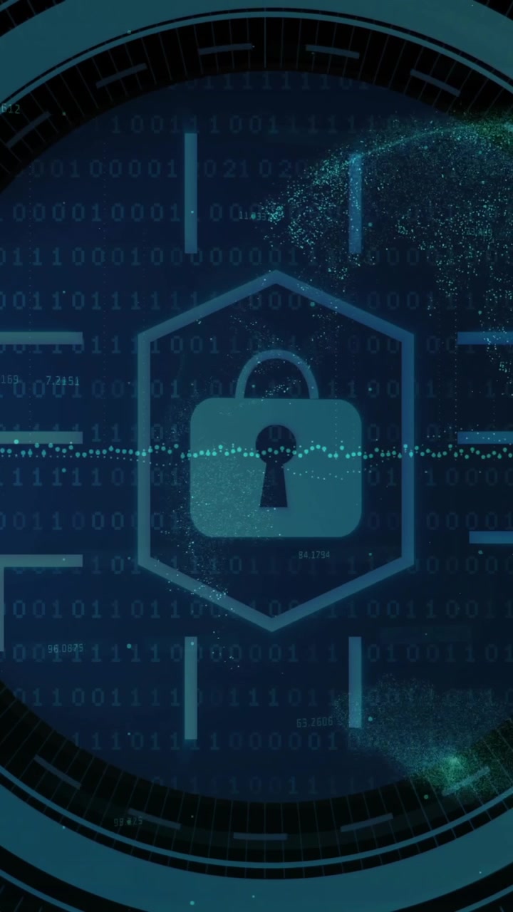 Animation of digital data processing over padlock icon