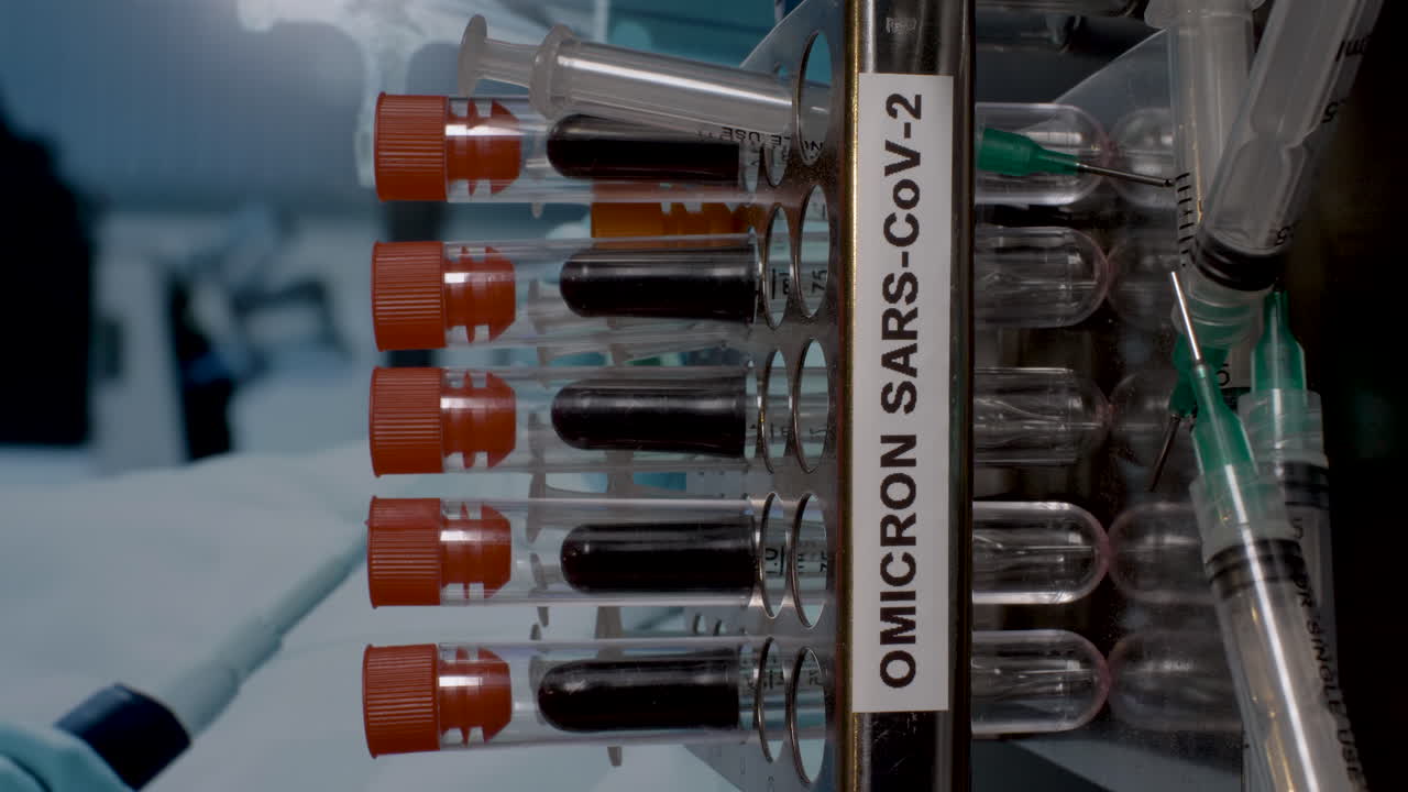 A close up vertical video of medical samples labelled Omicron B.1.1.529 being placed in to a laboratory rack at a research facility, the new strain of carona virus