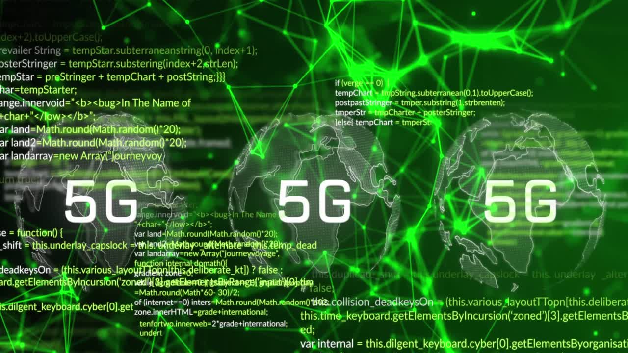 animación de banners de texto 5g sobre el globo giratorio contra la red de conexiones y procesamiento de datos