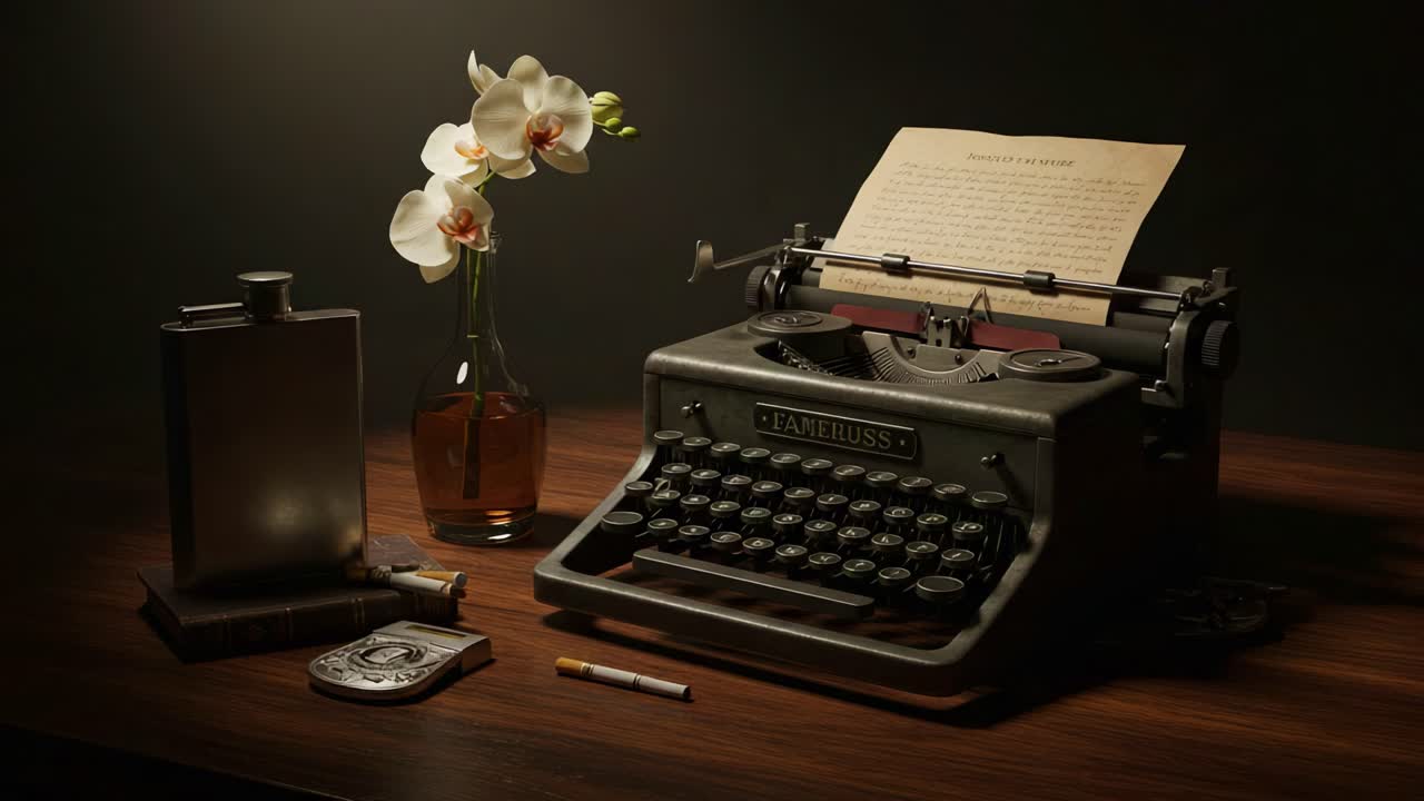 A Captivating Still Life Featuring a Vintage Typewriter, Elegant Orchids, and an Inked Page, Perfectly Capturing the Essence of Creative Writing and Nostalgia