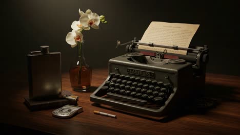 a captivating still life featuring a vintage typewriter, elegant orchids, and an inked page, perfectly capturing the essence of creative writing and nostalgia