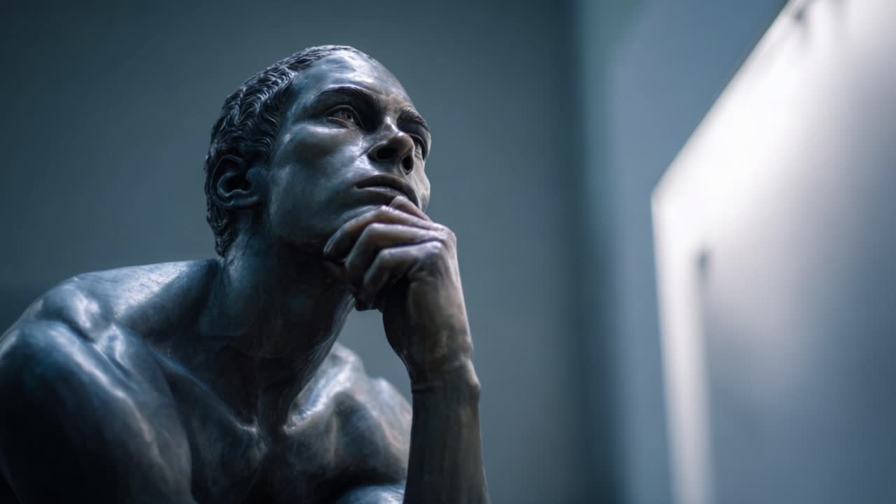 A Thoughtful Bronze Sculpture Depicting a Pensive Human Figure in Contemplation, Captured with Dramatic Lighting and Fine Detail to Showcase Artistic Mastery