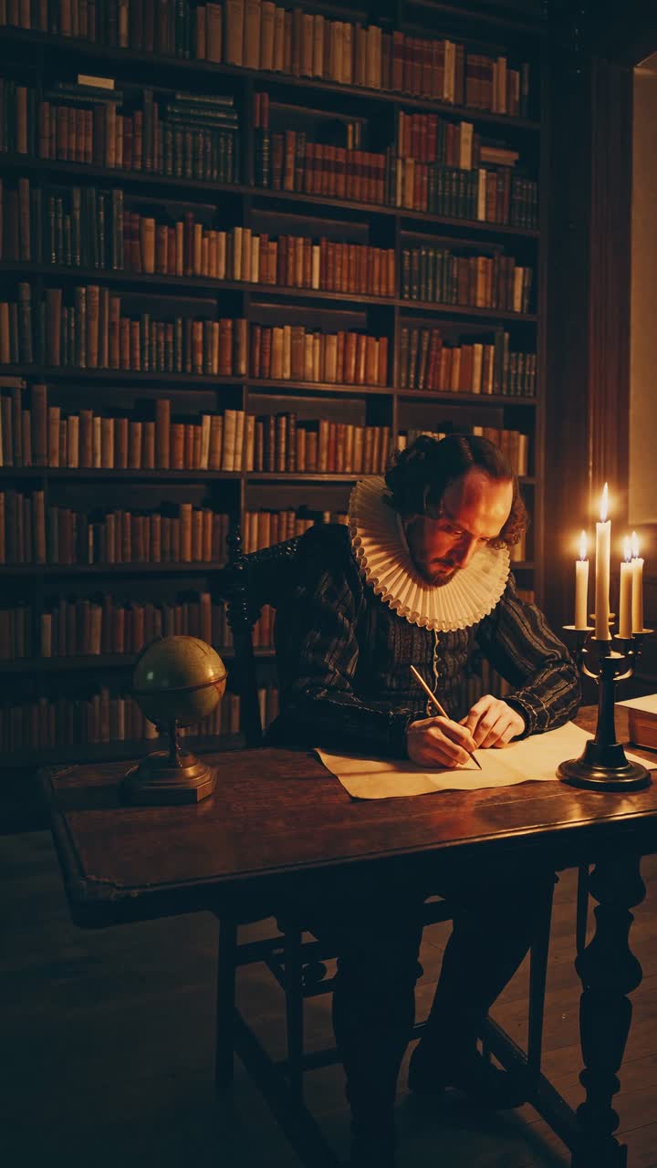 A vintage-style video still of a man writing by candlelight in a library