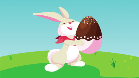 feliz tarjeta de pascua con un conejo lindo levantando huevo en el campamento