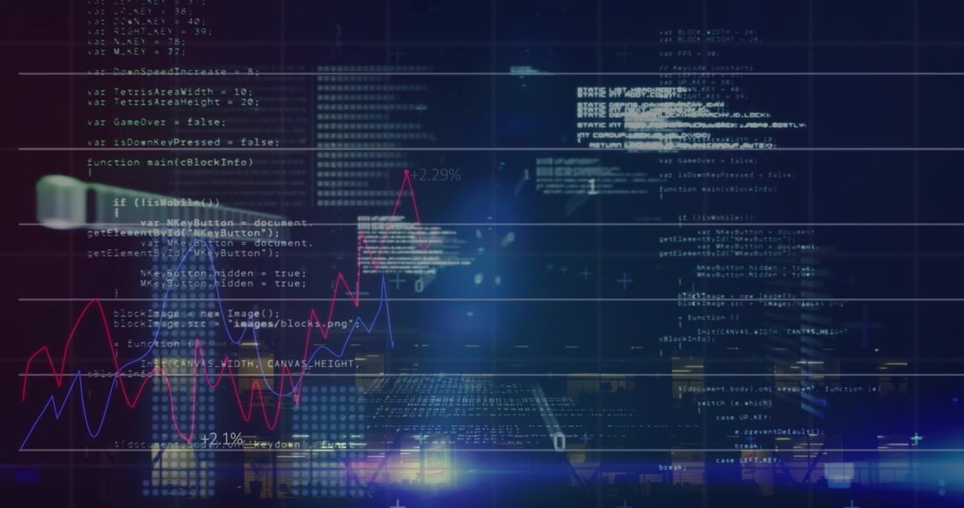 Animation of graphs with data processing on digital interface against building at night