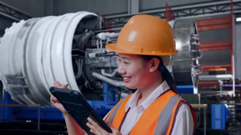 close up side view of asian female engineer with safety helmet taking note on the tablet and looking around while standing with airplane engine maintenance conducted