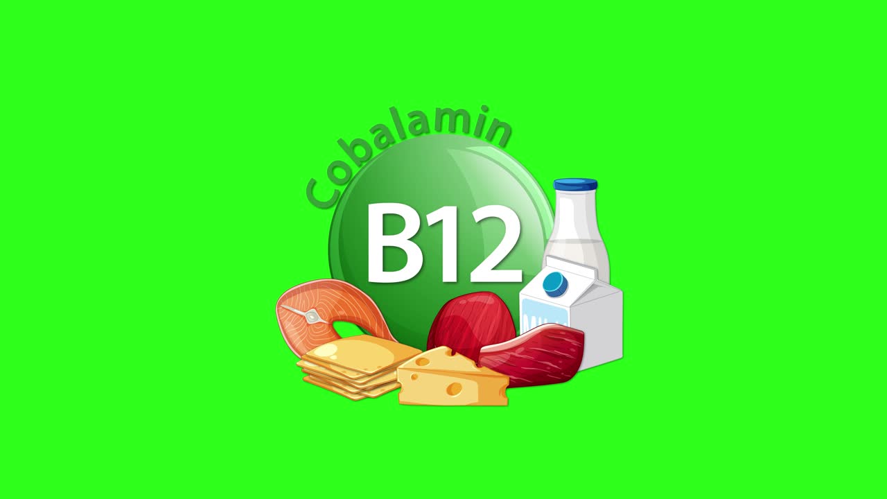 A green background animation introduces a Vitamin B12 icon, followed by illustrated food sources like meat, cheese, eggs, and milk, with smooth transitions