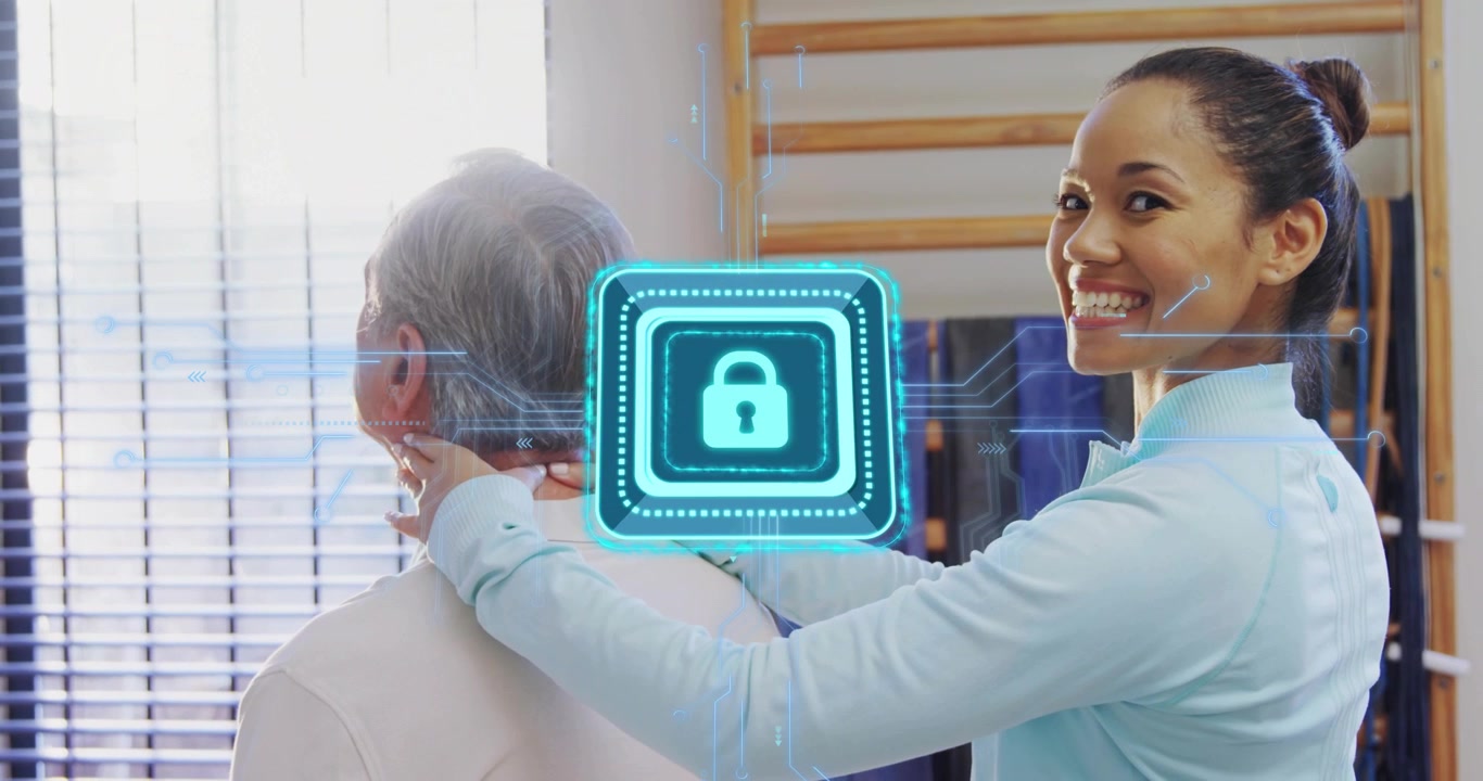 Clinic therapist placing hands at patient neck initiating assessment with holographic padlock panel