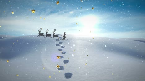 this video features a black silhouette of a boy in a snowboard being pulled by reindeers against a w