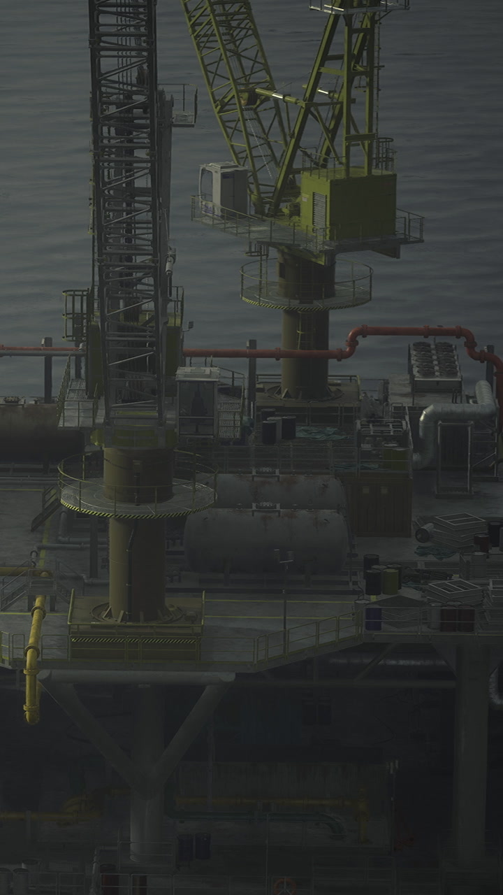 Oil platform in operation during early morning with cranes and equipment