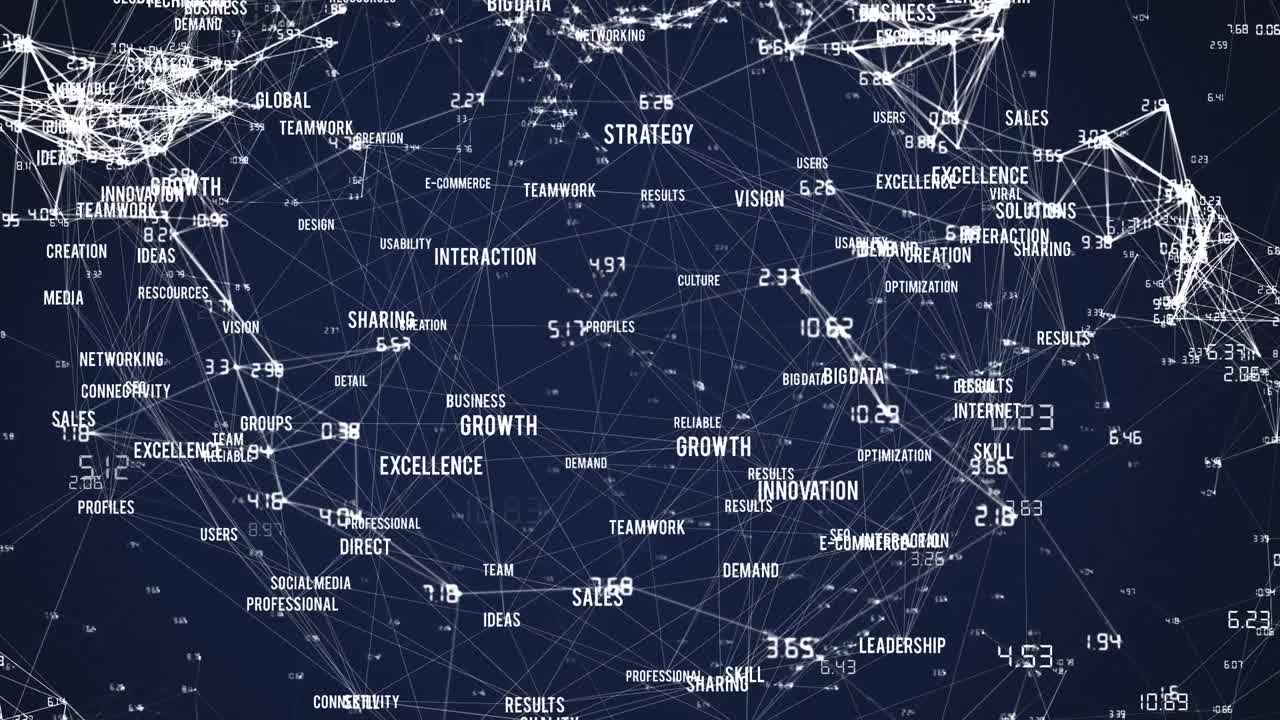 animación de la red de conexiones con textos comerciales en fondo azul