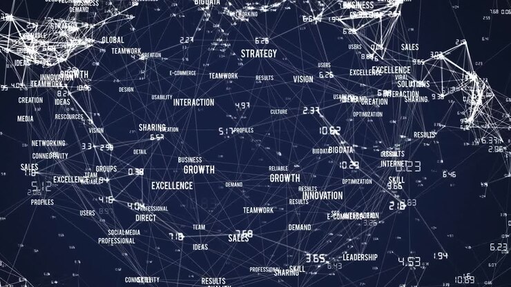 Animation of network of connections with business texts on blue background