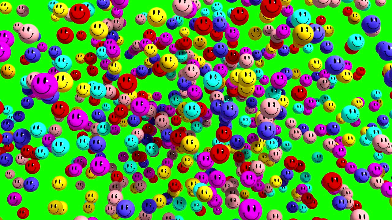 4K. Multicolor Smiley Face Icon Explosion.Green Screen. 3D Animation.