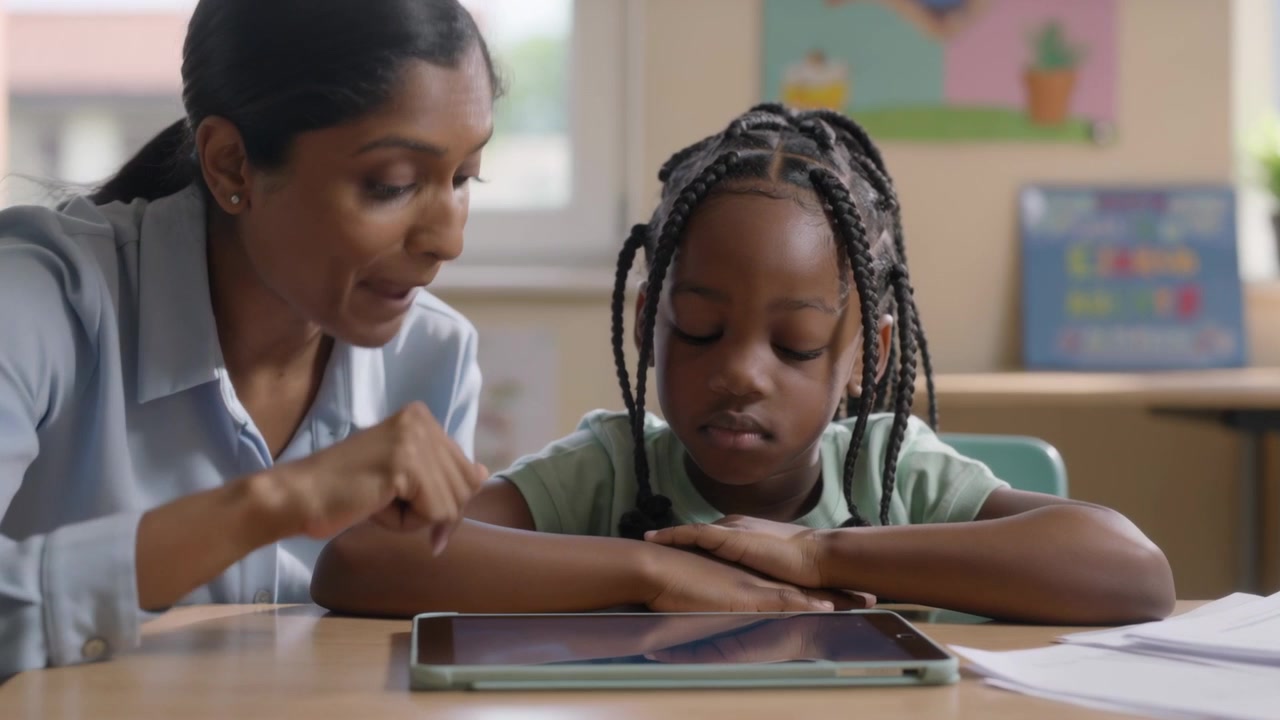 Leaning educator in light blue collared blouse pointing at tablet on classroom desk