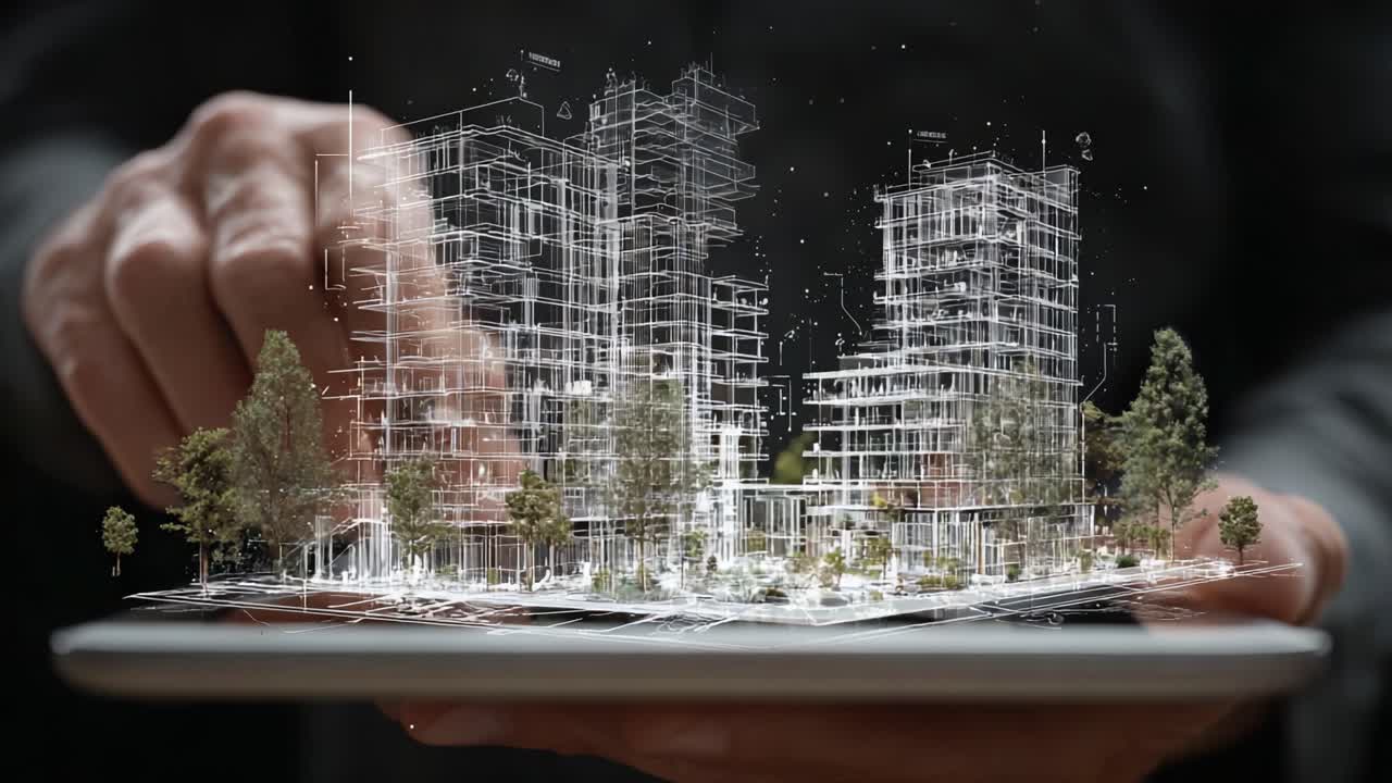 A Digital Representation of Urban Architecture: Visualizing Modern Skyscrapers through Innovative Technology and Virtual Design on a Tablet, Showcasing Detailed 3D Models and Interactive Features