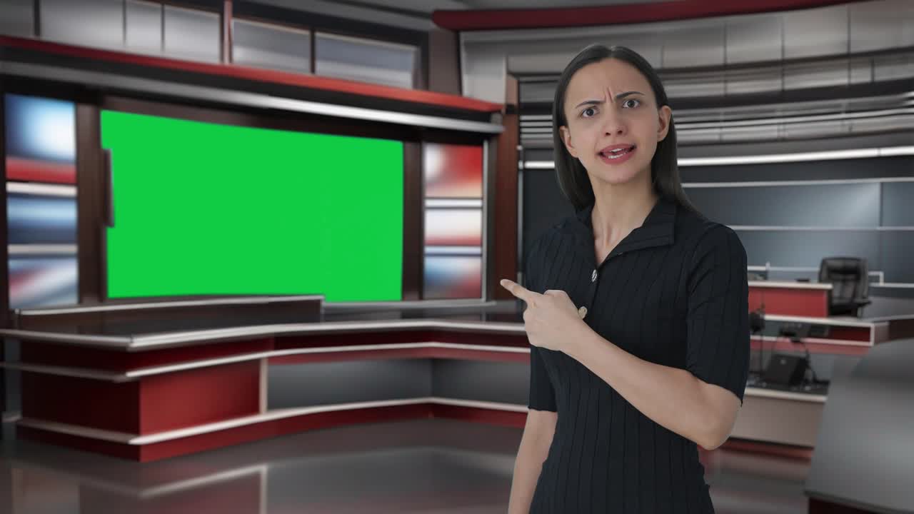 Rozzlobená indická novinářka ukazující na prázdné zelené plátno