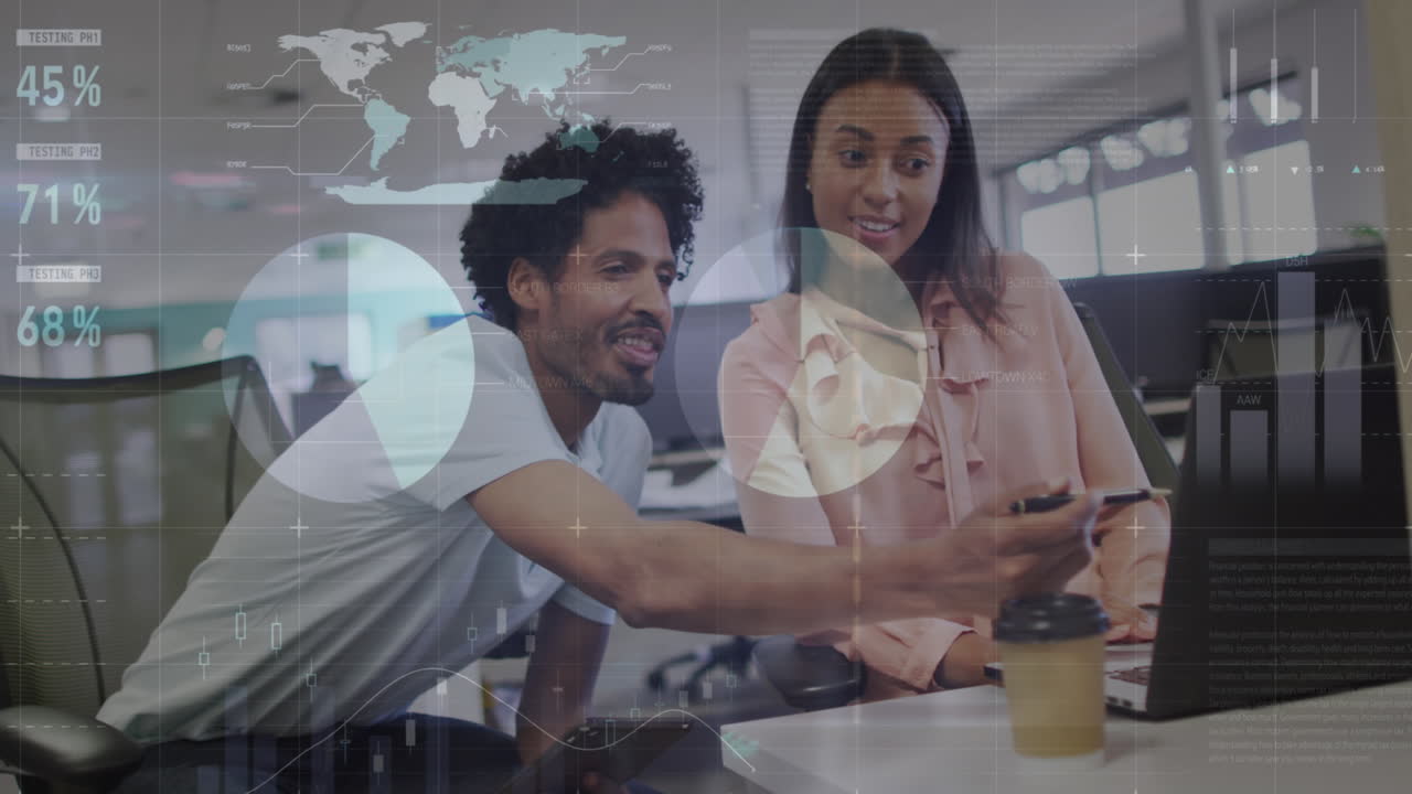 Animation of statistical data processing over diverse man and woman discussing over laptop at office