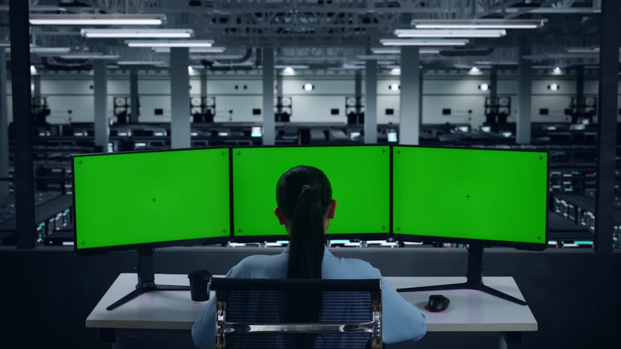 데이터 센터에서 여러 컴퓨터 모니터를 모의로 작업하는 아시아 여성의 뒷면