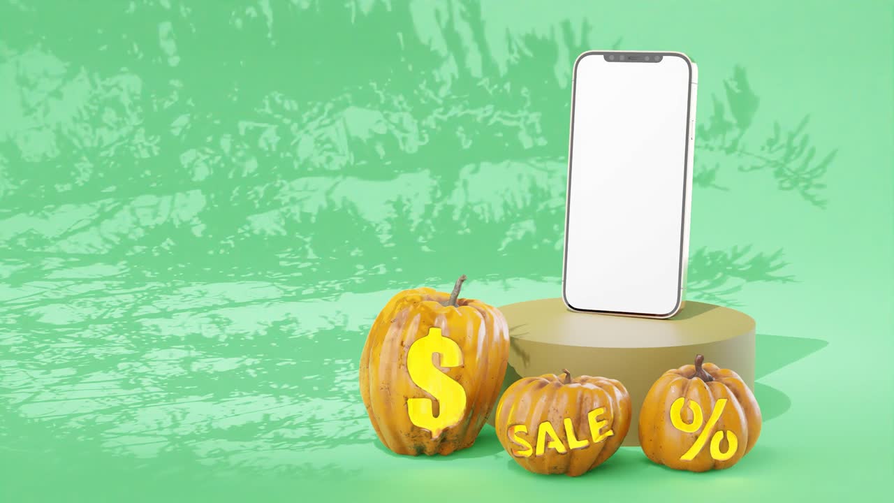 campaña publicitaria de venta de halloween con teléfono en exhibición y calabazas, fondo verde