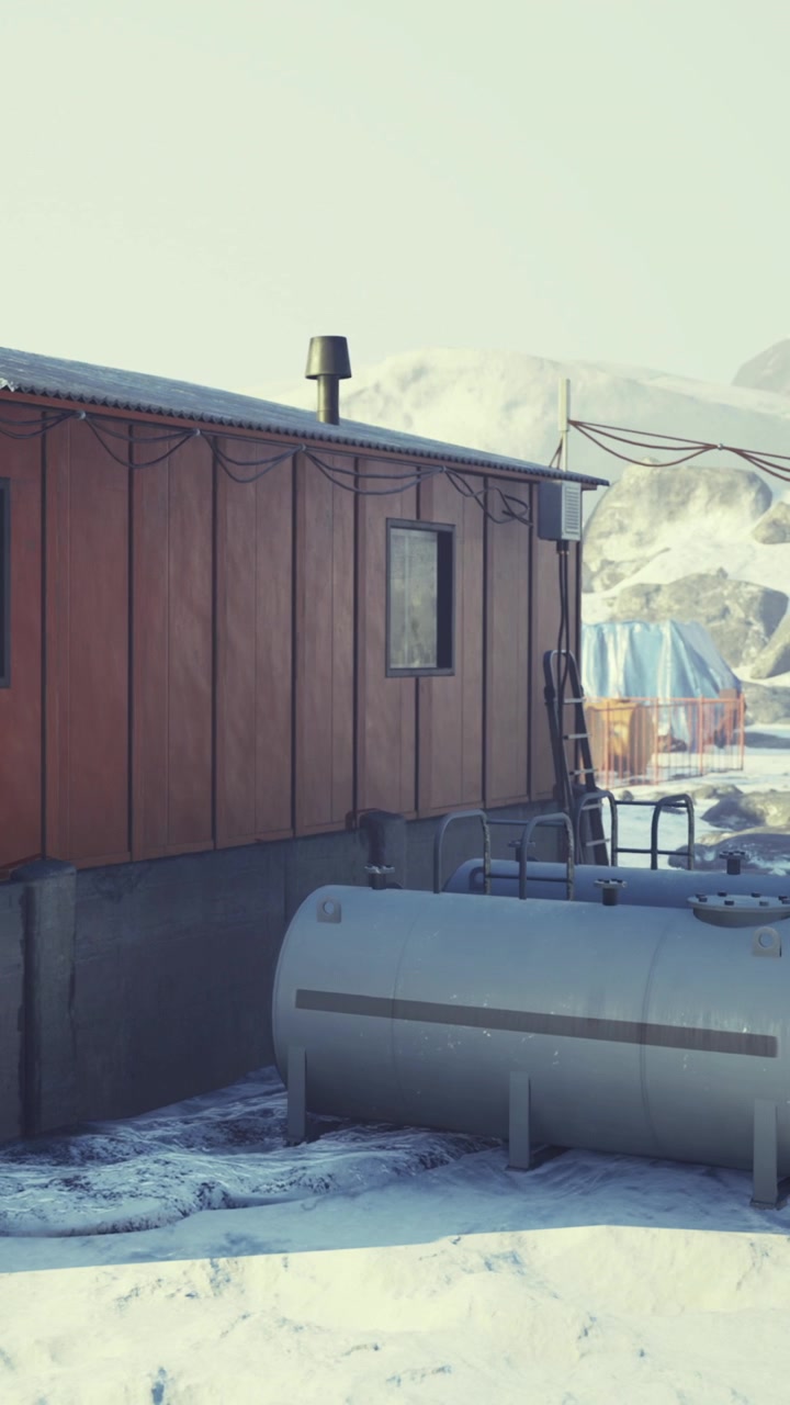 Workers are setting up gas tanks near a building in a snowy landscape