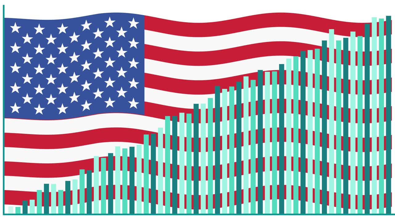 Stacked bar chart rises over waving American flag, smooth upward animation, flat vector style