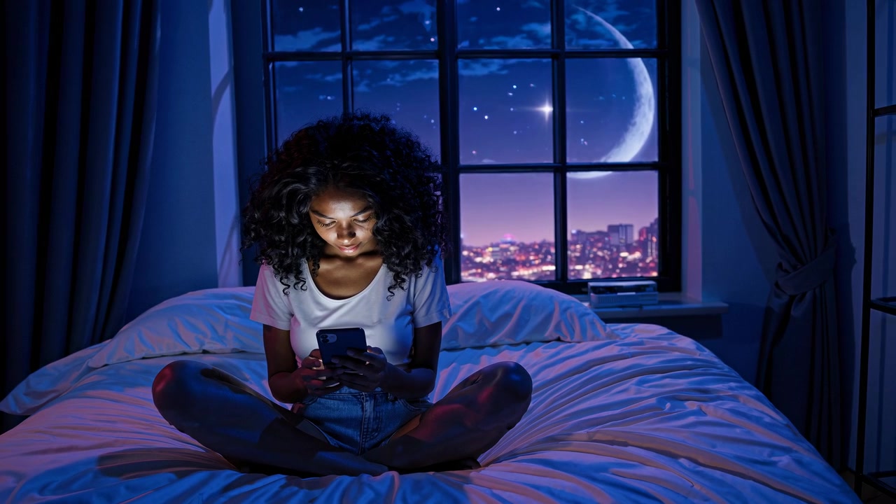 Giovane donna che usa lo smartphone a letto di notte con vista sulla città