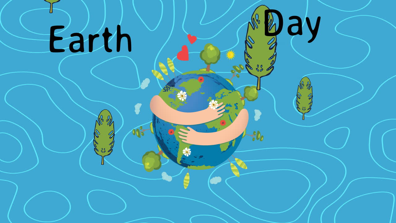 지구의 날 텍스트의 애니메이션은 파란색 배경에 지구와 나무 주변에 포장 된 팔 위에 있습니다.