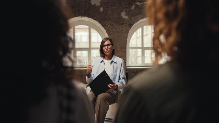 Shooting close up, a girl in glasses with a bob haircut, along with a tablet in her hands, interviews a couple in a brick building. Group interview with a psychologist