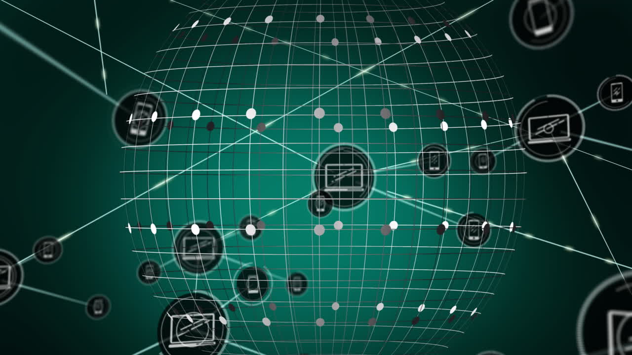 animación de una red de iconos digitales sobre un globo giratorio contra un fondo verde