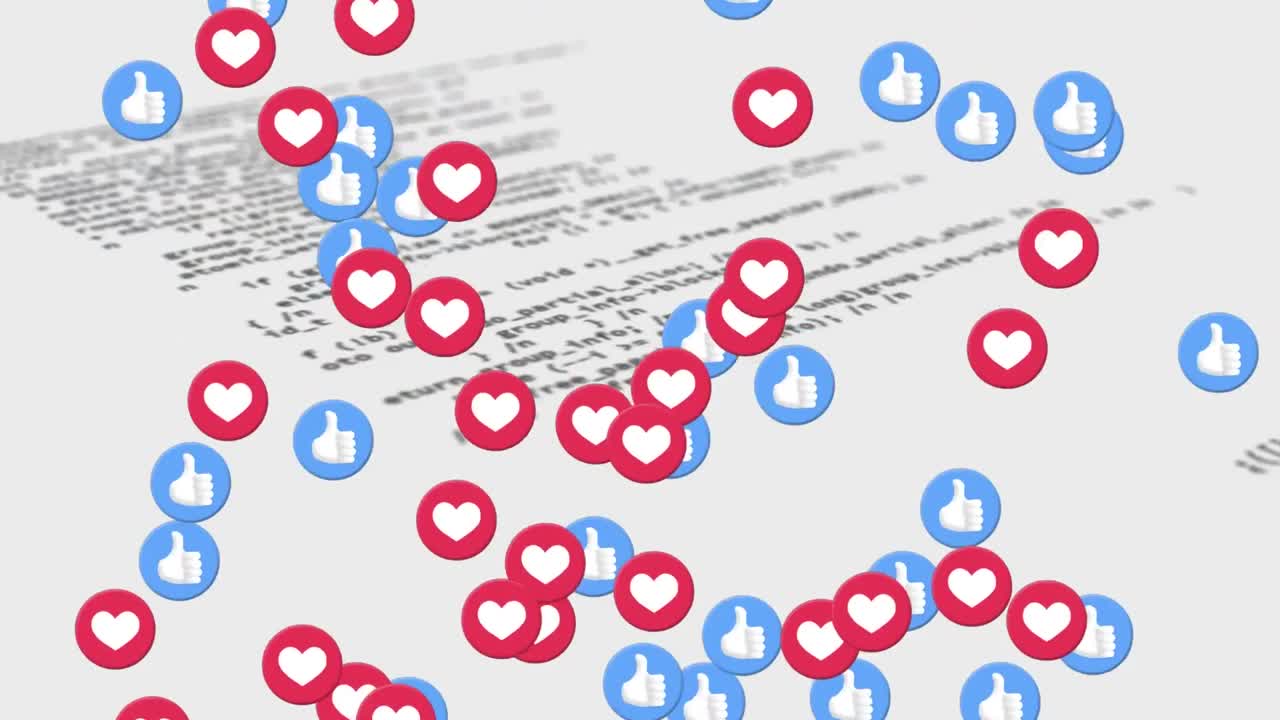 animación de iconos de "como" y "corazón" flotando sobre el procesamiento de datos sobre fondo blanco